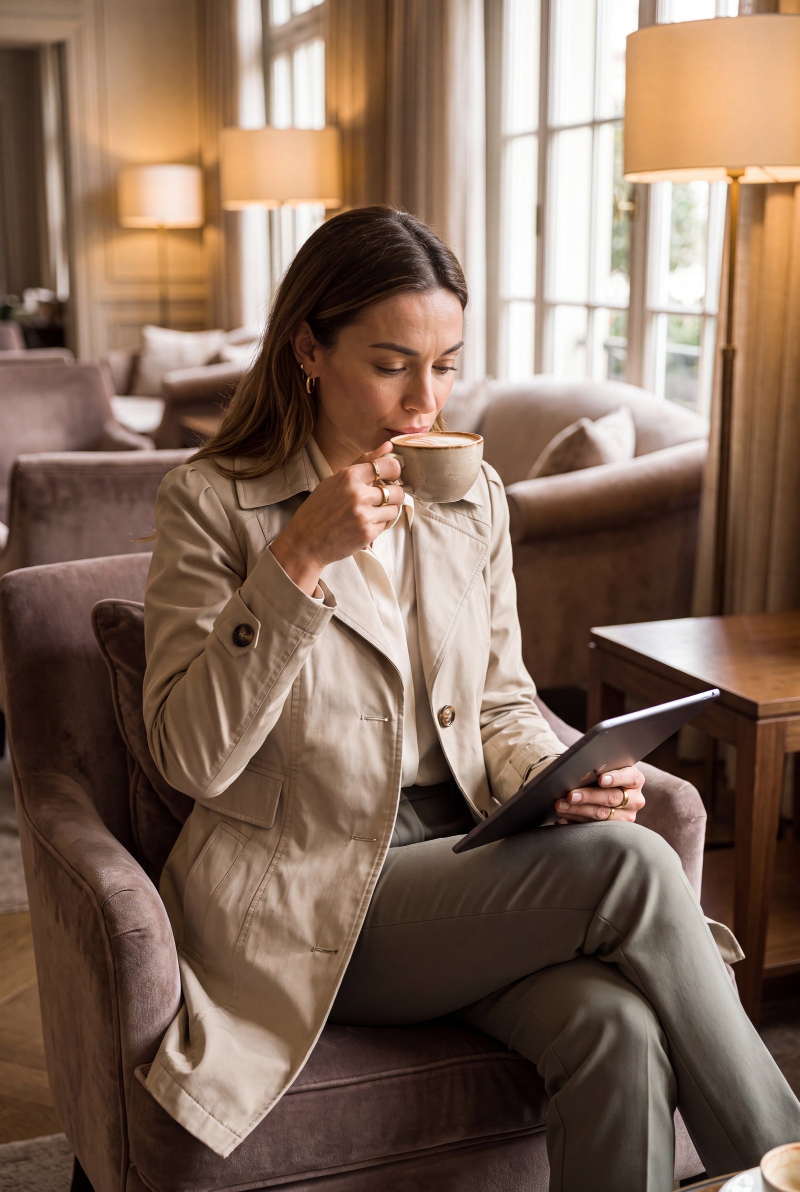 Women Trench Coat Short Belted in Khaki — secondary boutique hotel