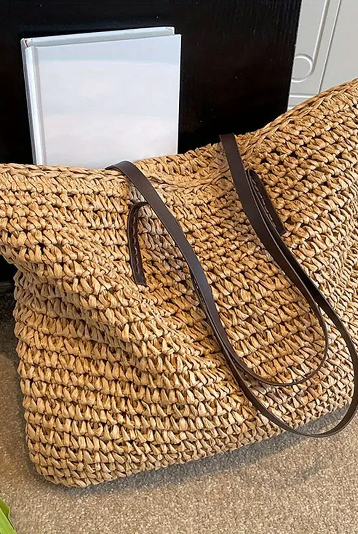 Woven Oversized Tote Bag in Khaki — front view