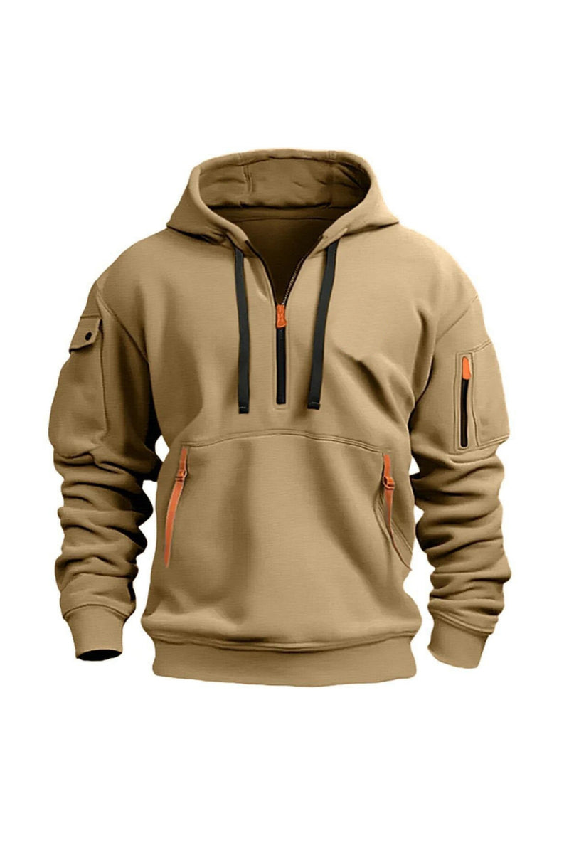 Zip-Pocket Hoodie in Khaki — front view