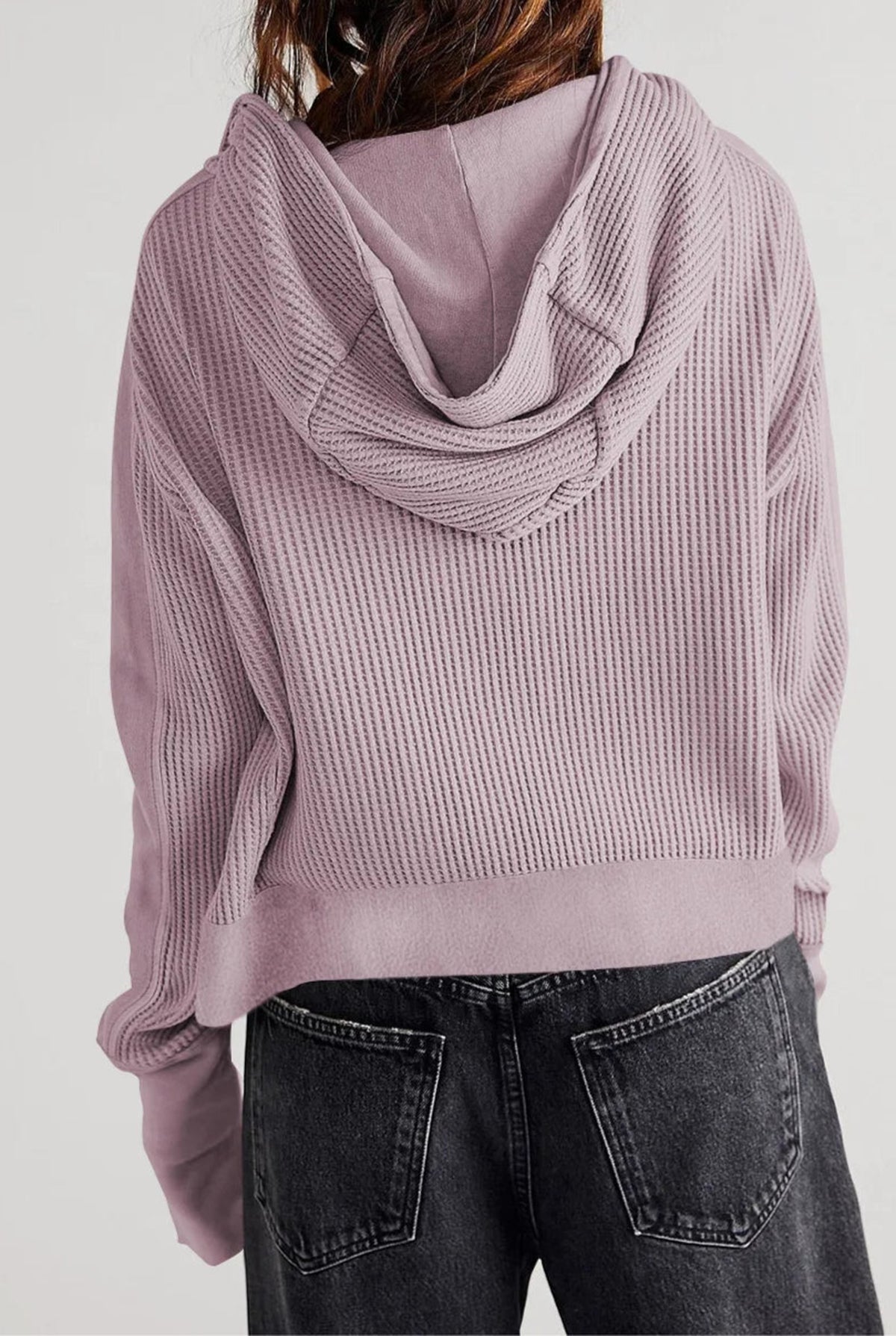 Cropped Waffle Zip-Up Hoodie in Lavender — back