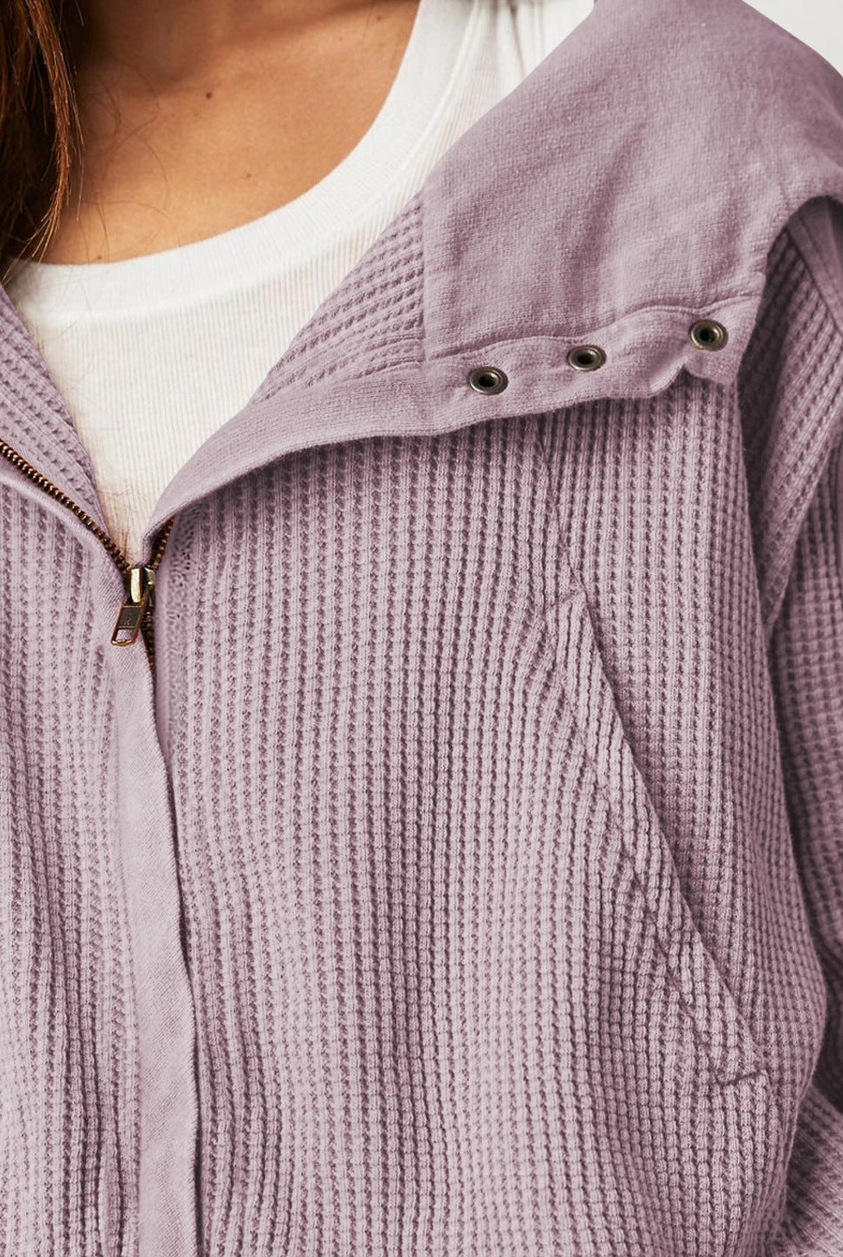 Cropped Waffle Zip-Up Hoodie in Lavender — detail