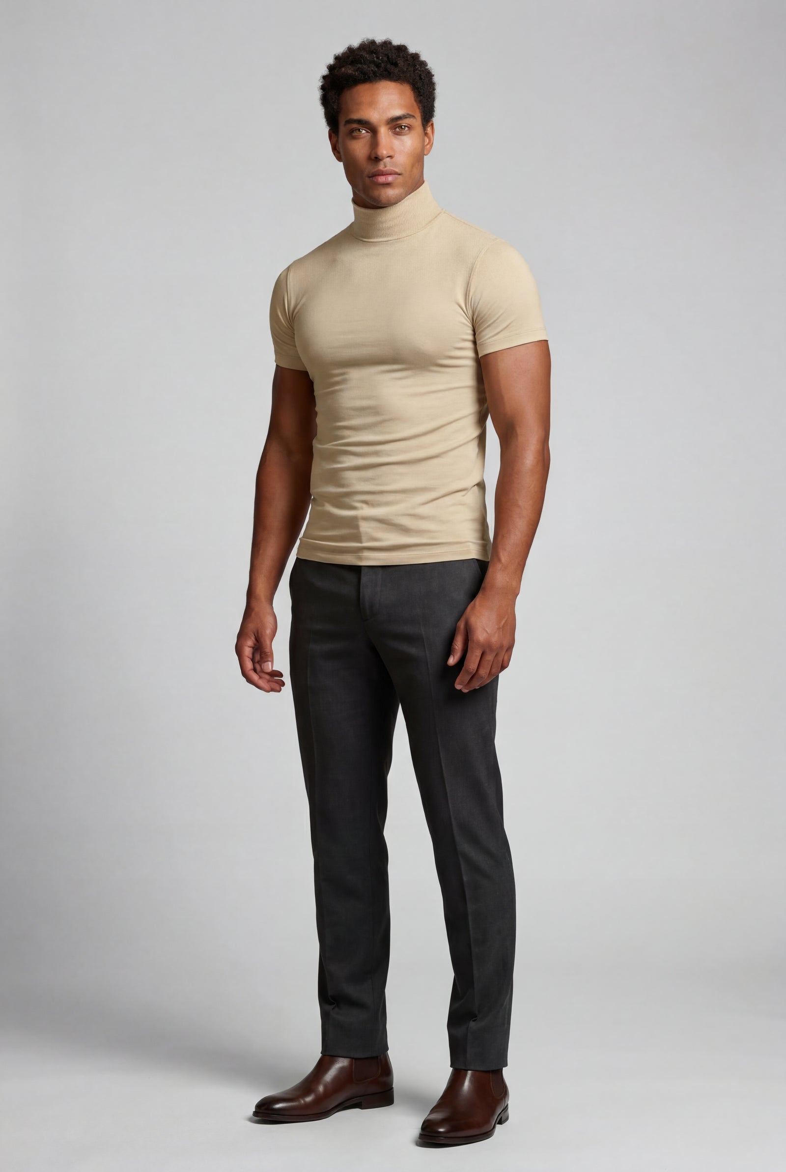 Light Beige Slim Fit Short Sleeve Turtleneck Shirt - Turtleneck shirts - Photo 6