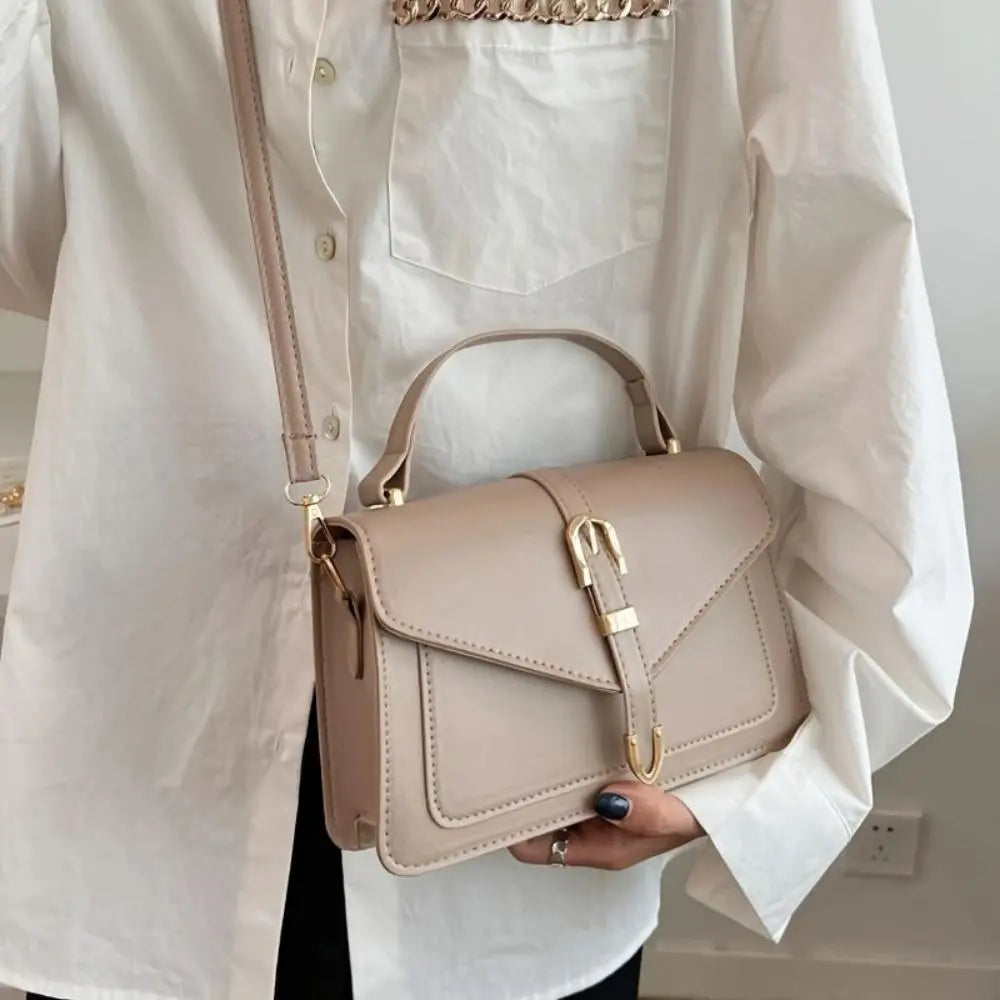 Light Beige Structured Mini Crossbody Bag with Buckle Detail - Photo 6