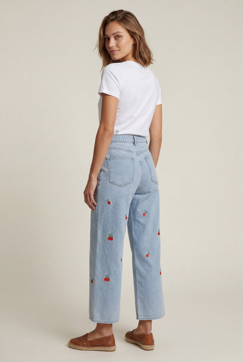 Light Blue Cherry Embroidered Light Blue Wide-leg High-waisted Jeans - Wide leg jeans - Photo 2