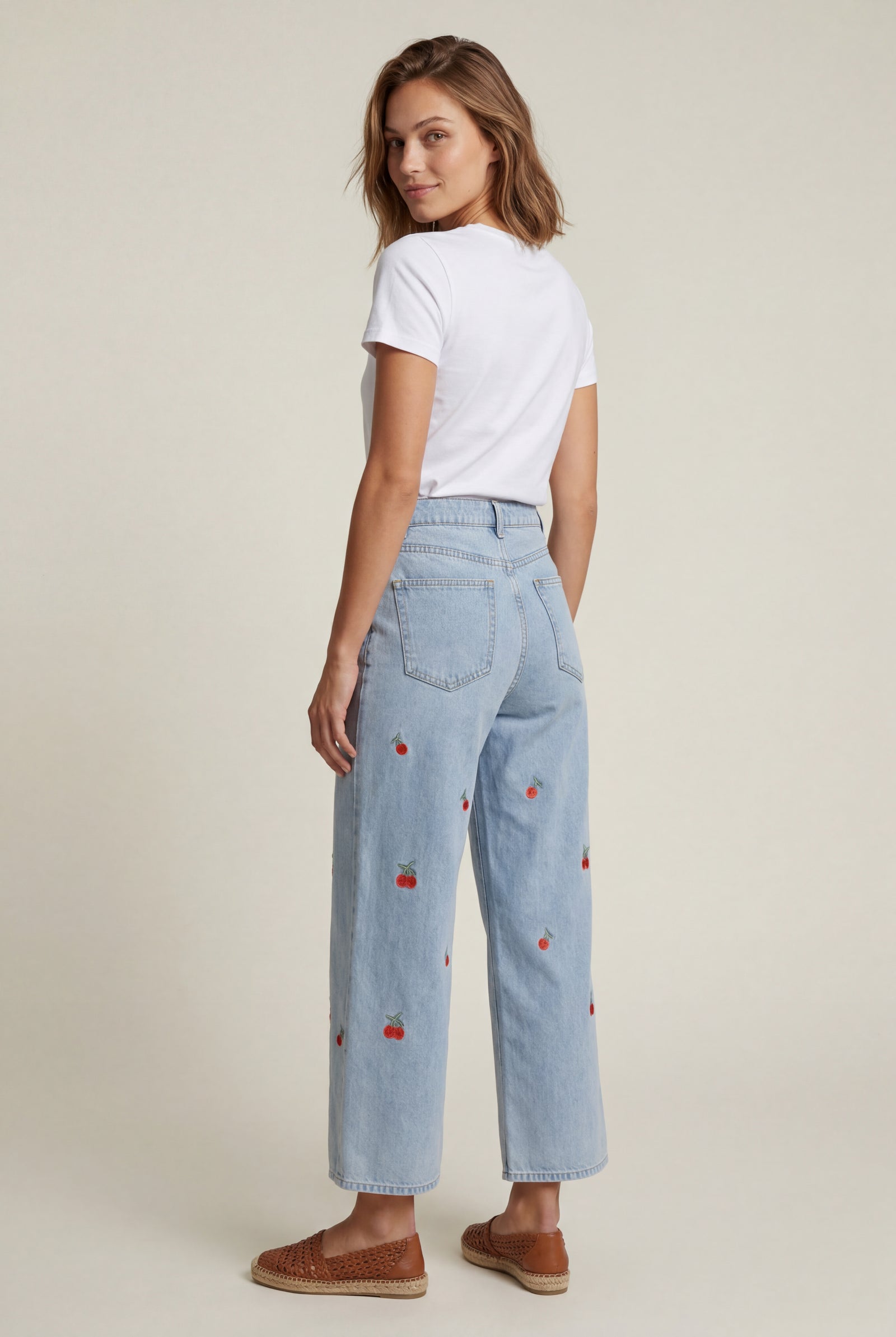 Light Blue Cherry Embroidered Light Blue Wide-leg High-waisted Jeans - Wide leg jeans - Photo 2