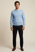 Light Blue Classic Crew Neck Pullover Sweater with Ribbed Trim - Round neck sweater - Photo 9