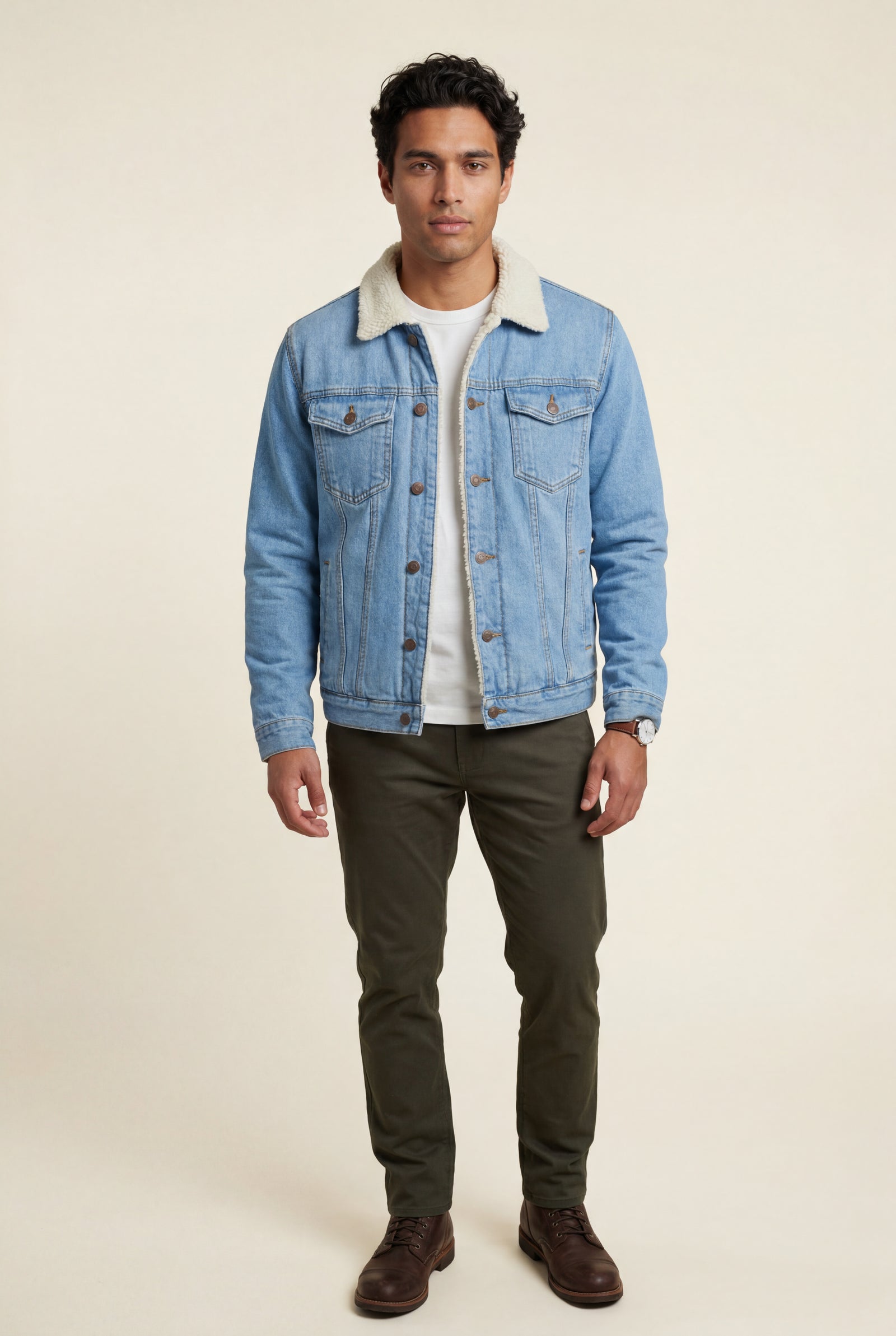 Light Blue Collar Classic Trucker Jacket with Full Lining - Denim jacket - Photo 4