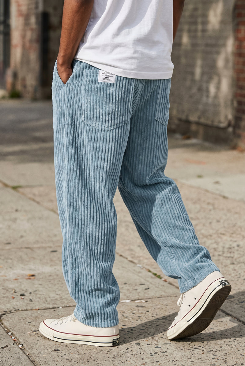 Corduroy Wide-Leg Pants in Light Blue — studio front