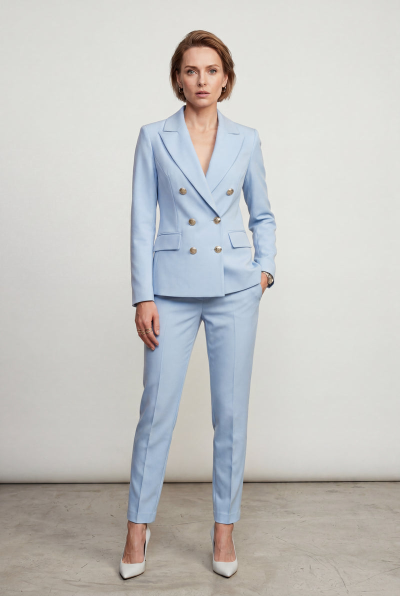 Light Blue Double-breasted Fitted Jacket and Slim Trouser Suit Set - Photo 1
