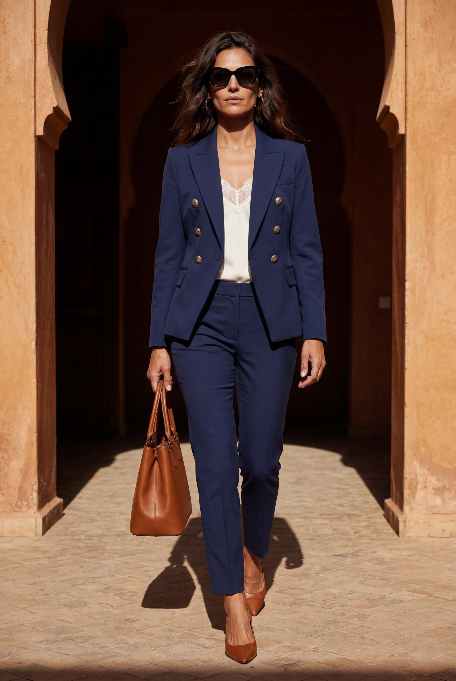 Navy Blue Double-breasted Fitted Jacket and Slim Trouser Suit Set - Photo 17