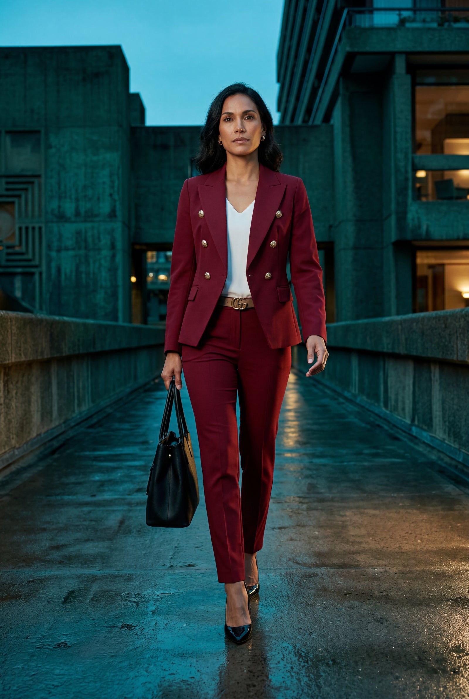 Red Double-breasted Fitted Jacket and Slim Trouser Suit Set - Photo 25