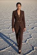 Brown Double-breasted Fitted Jacket and Slim Trouser Suit Set - Photo 8