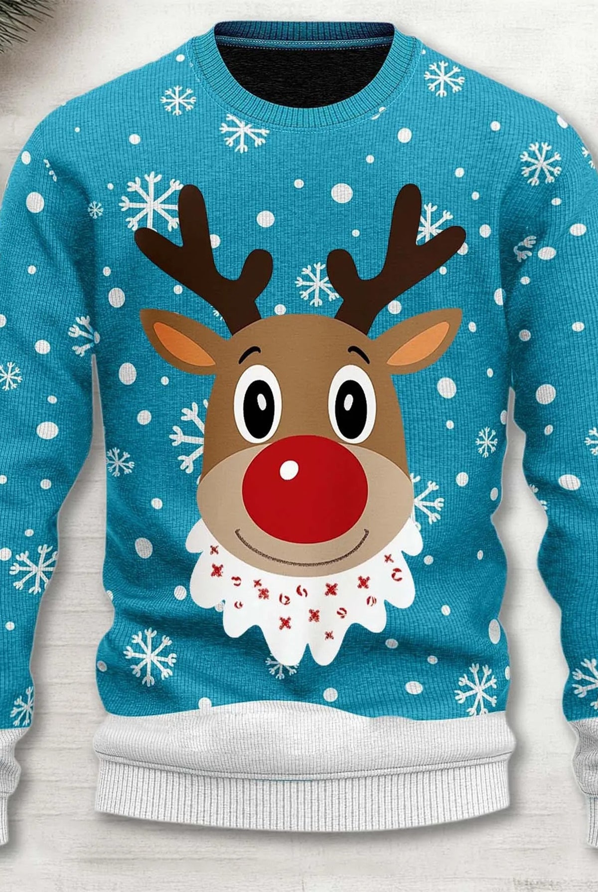 Festive Knit Sweater in Light Blue — front view