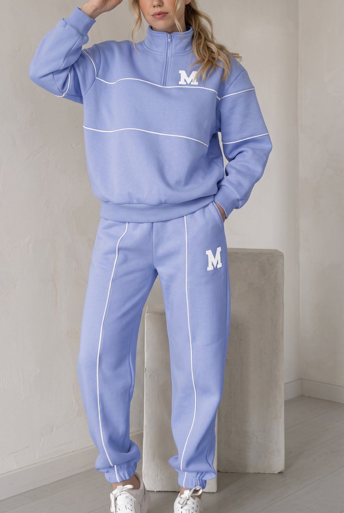 Fleece Loungewear Set in Light Blue — studio front