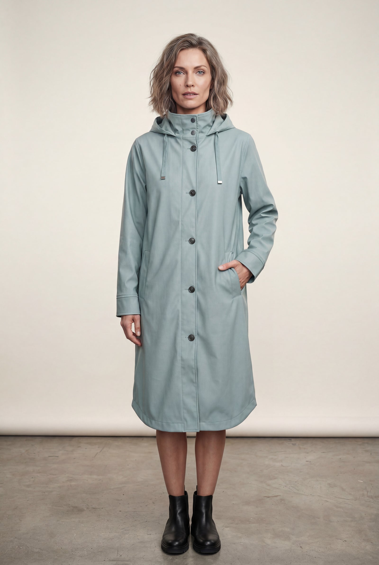 Light Blue Hooded Snap Button Long Parka Coat with Adjustable Waist - Long coat - Photo 2