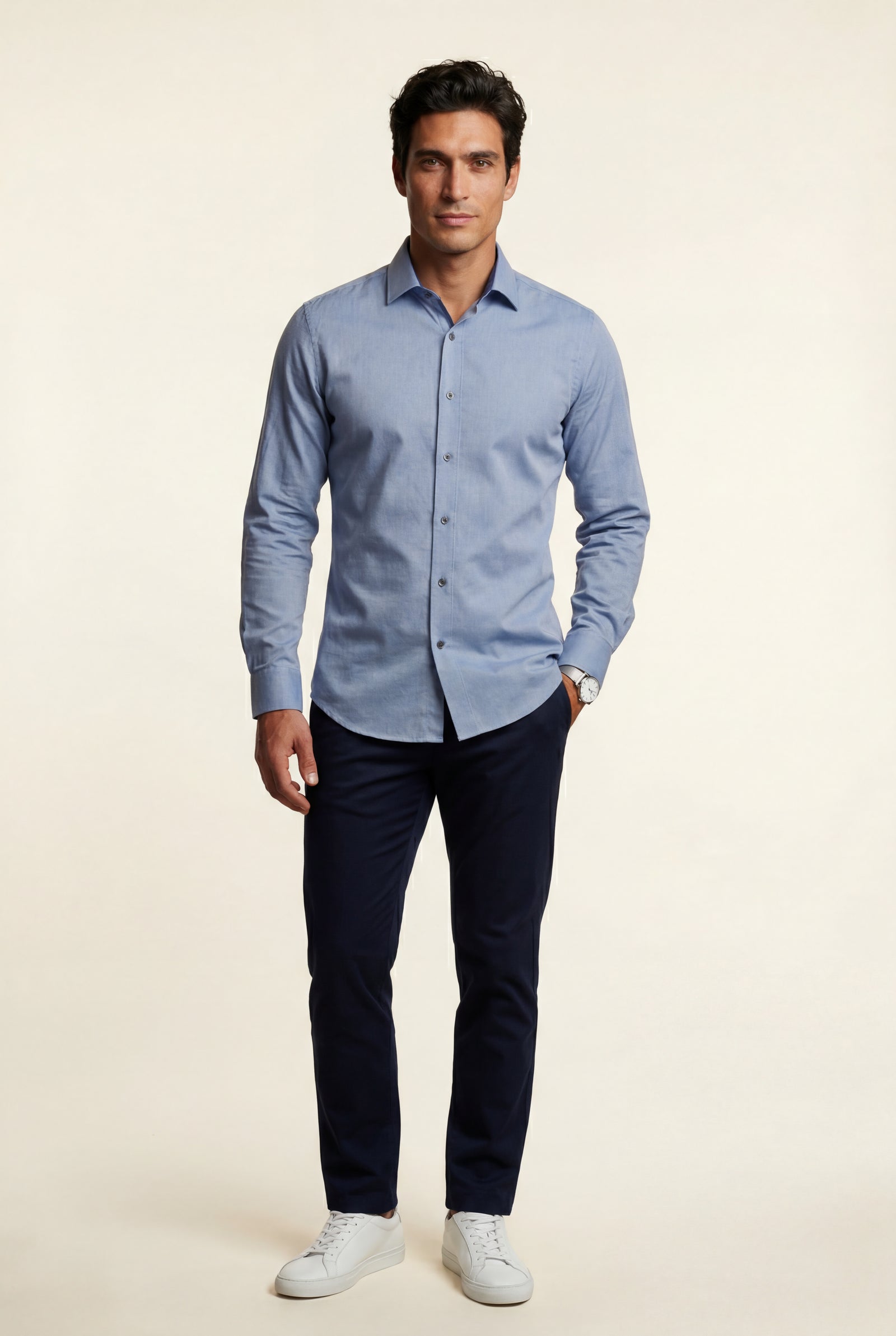 Light Blue Mid Blue Textured Slim Fit Button-down Shirt - Dress Shirts - Photo 1