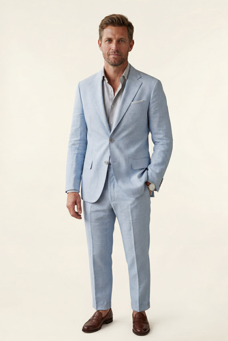 Light Blue Notch Lapel Tailored Two Piece Suit with Slim Cropped Trousers - Photo 1