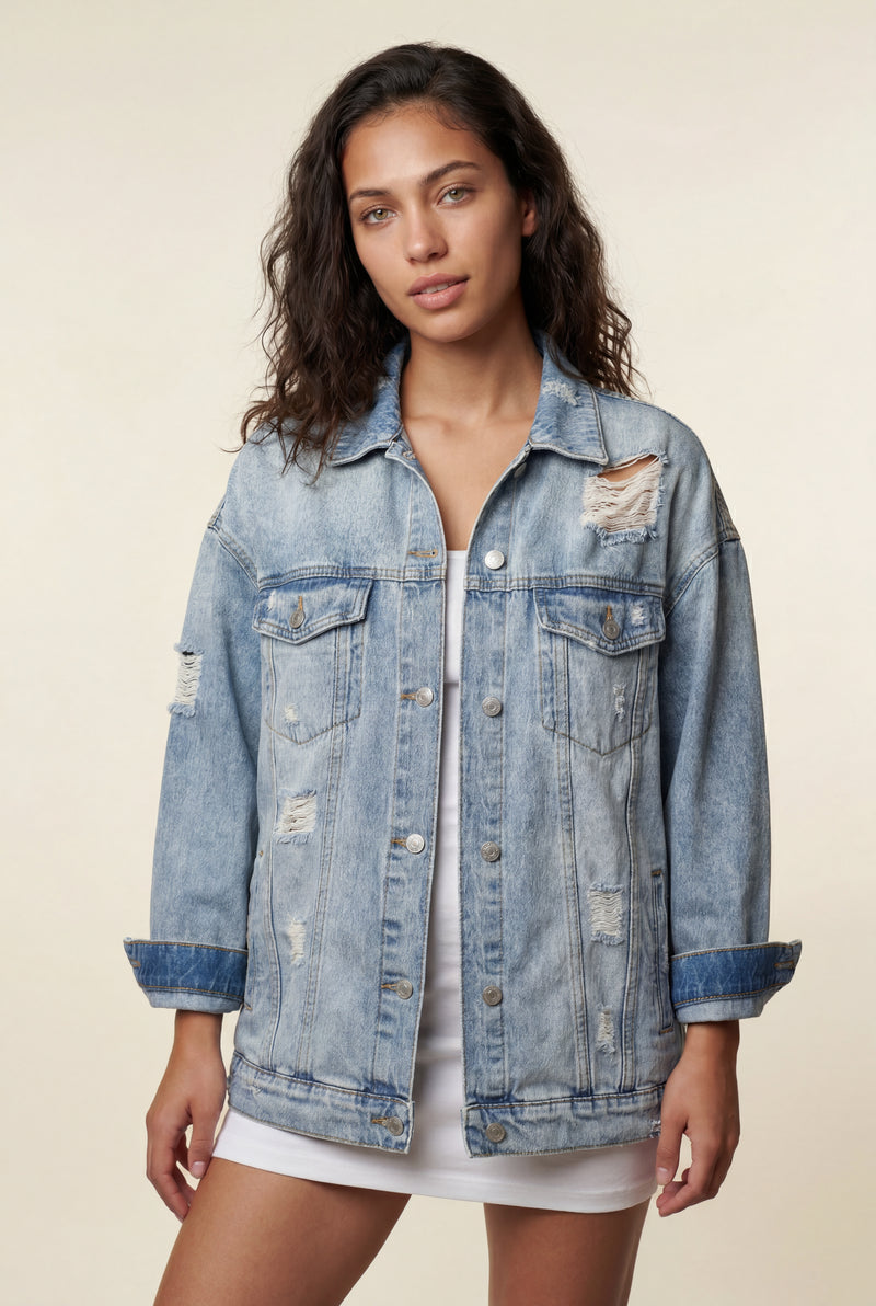 Light Blue Oversized Distressed Light Wash Jacket - Denim jacket - Photo 2