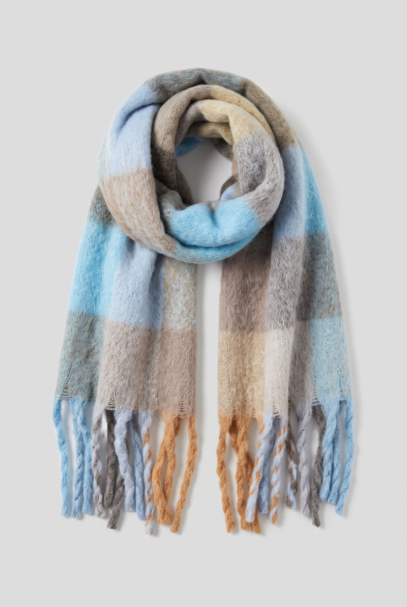 Oversized Fringed Scarf in Light Blue — studio front