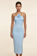 Light Blue Powder Blue Ribbed Halter Midi Dress with 3d Rose - Photo 1