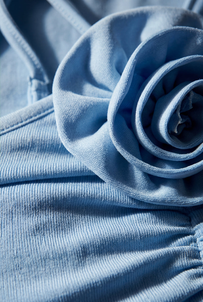 Light Blue Powder Blue Ribbed Halter Midi Dress with 3d Rose - Photo 3