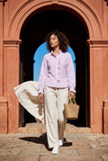 Pink Ruffle Trim Vertical Stripe Button-front Blouse - Blouses - Photo 10