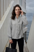 Gray Ruffle Trim Vertical Stripe Button-front Blouse - Blouses - Photo 11