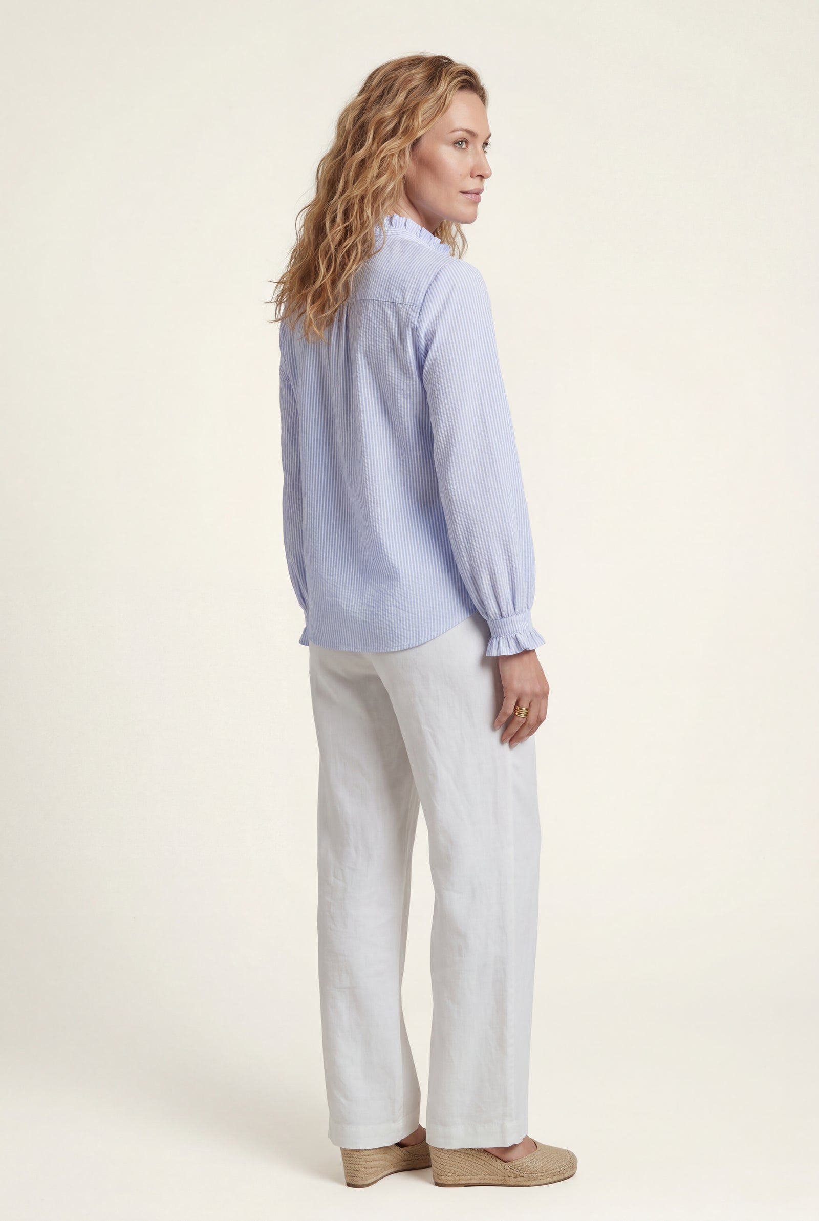 Light Blue Ruffle Trim Vertical Stripe Button-front Blouse - Blouses - Photo 2