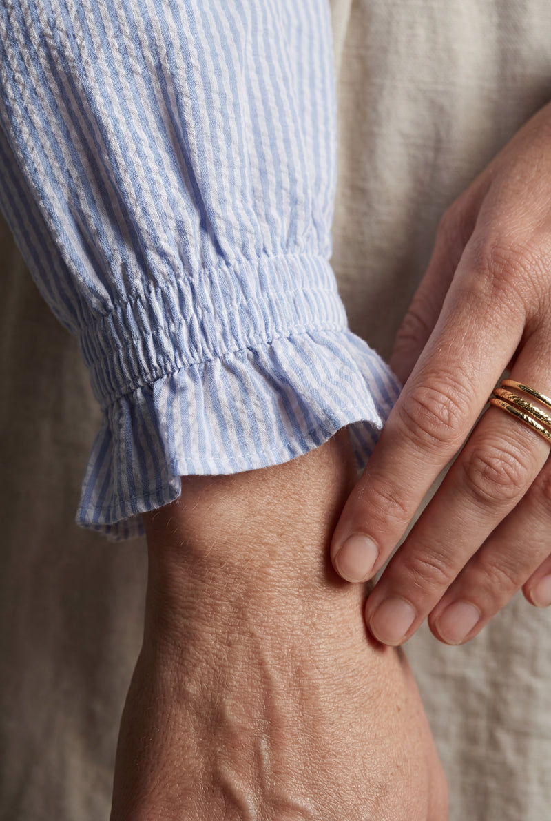 Light Blue Ruffle Trim Vertical Stripe Button-front Blouse - Blouses - Photo 4