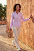 Pink Ruffle Trim Vertical Stripe Button-front Blouse - Blouses - Photo 6