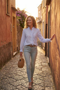 Light Blue Ruffle Trim Vertical Stripe Button-front Blouse - Blouses - Photo 7