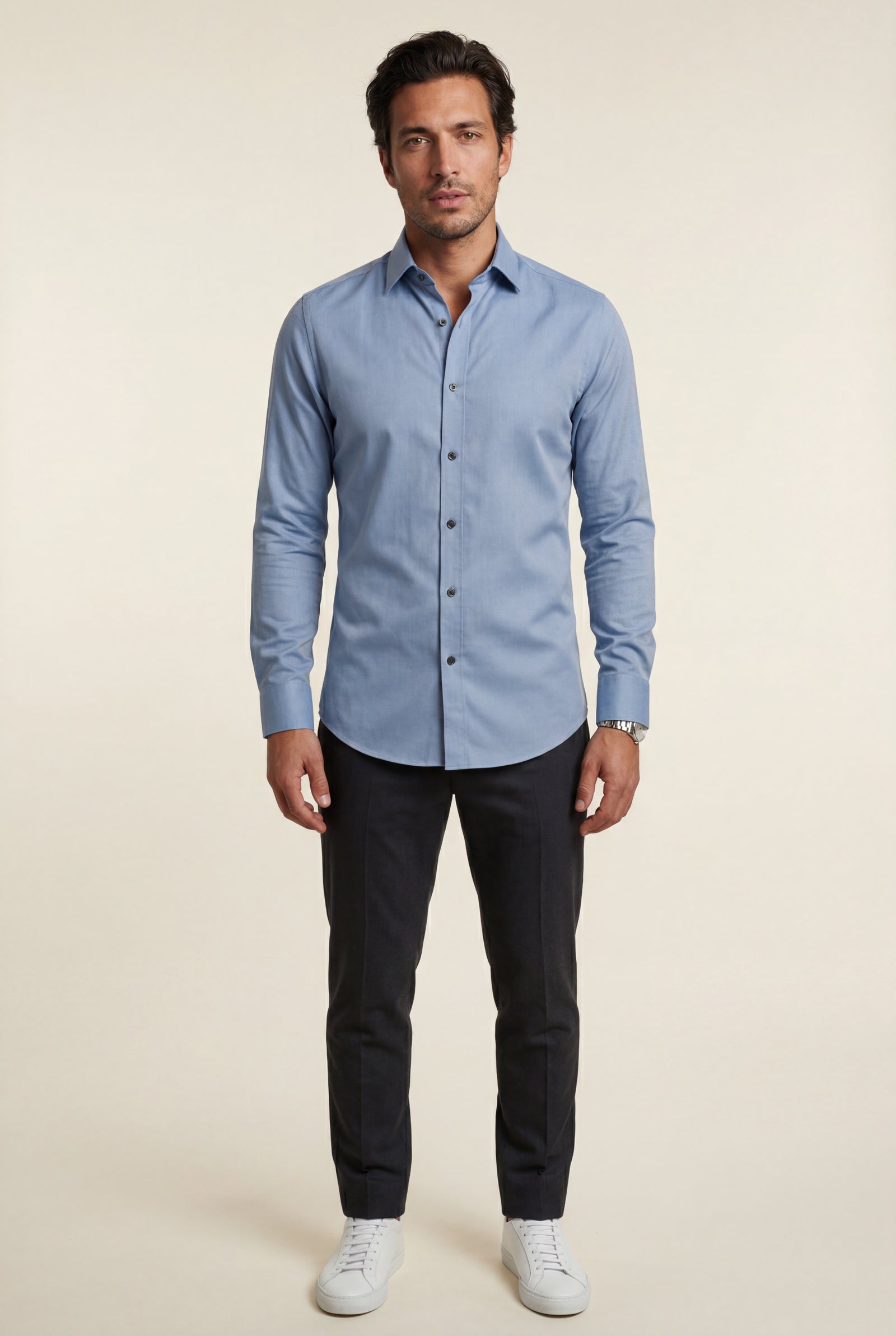 Light Blue Slim Fit Long Sleeve Dress Shirt with Spread Collar - Dress Shirts - Photo 7