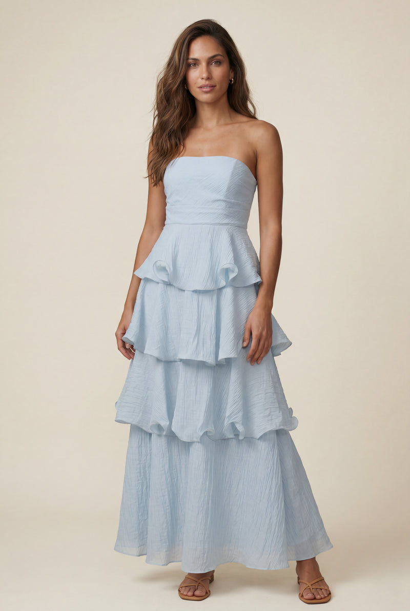 Light Blue Strapless Tiered Ruffle Maxi Dress - Photo 3