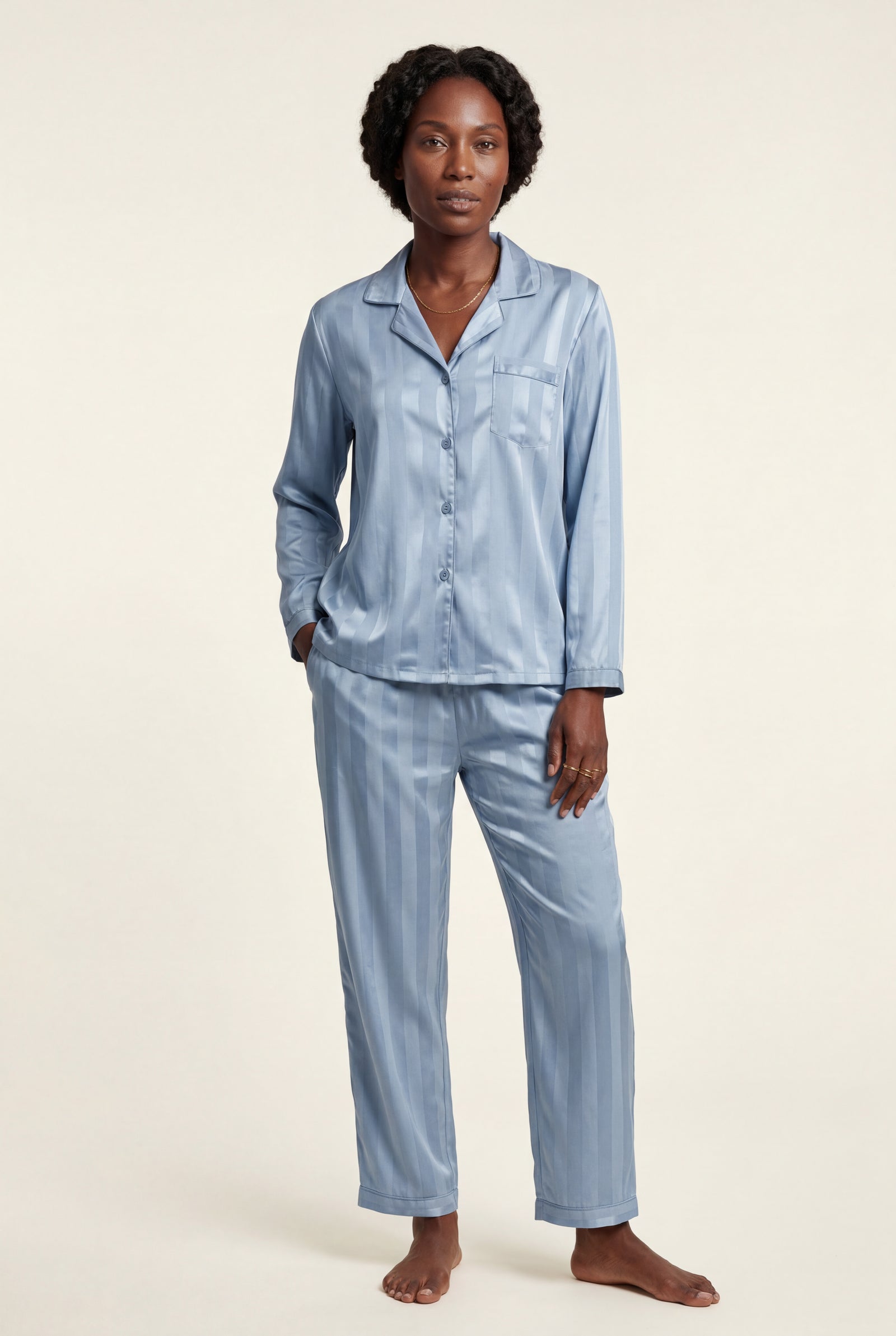 Light Blue Striped Button-up Pyjama Set with Relaxed Pants - Photo 2