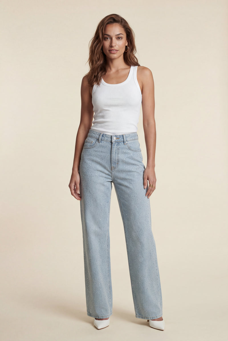 Light Blue Studded Light Blue Wide-leg Jeans - Slim fit jeans - Photo 1