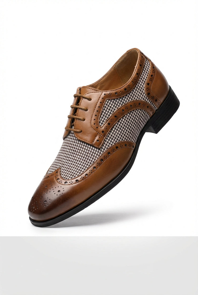 Light Brown Men's Houndstooth Panel Brogue Oxford Dress Shoes - Brogue Oxford shoes - Photo 1