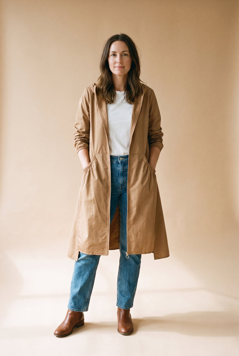 Women's Raincoat Long Elegant in Light Brown — primary studio