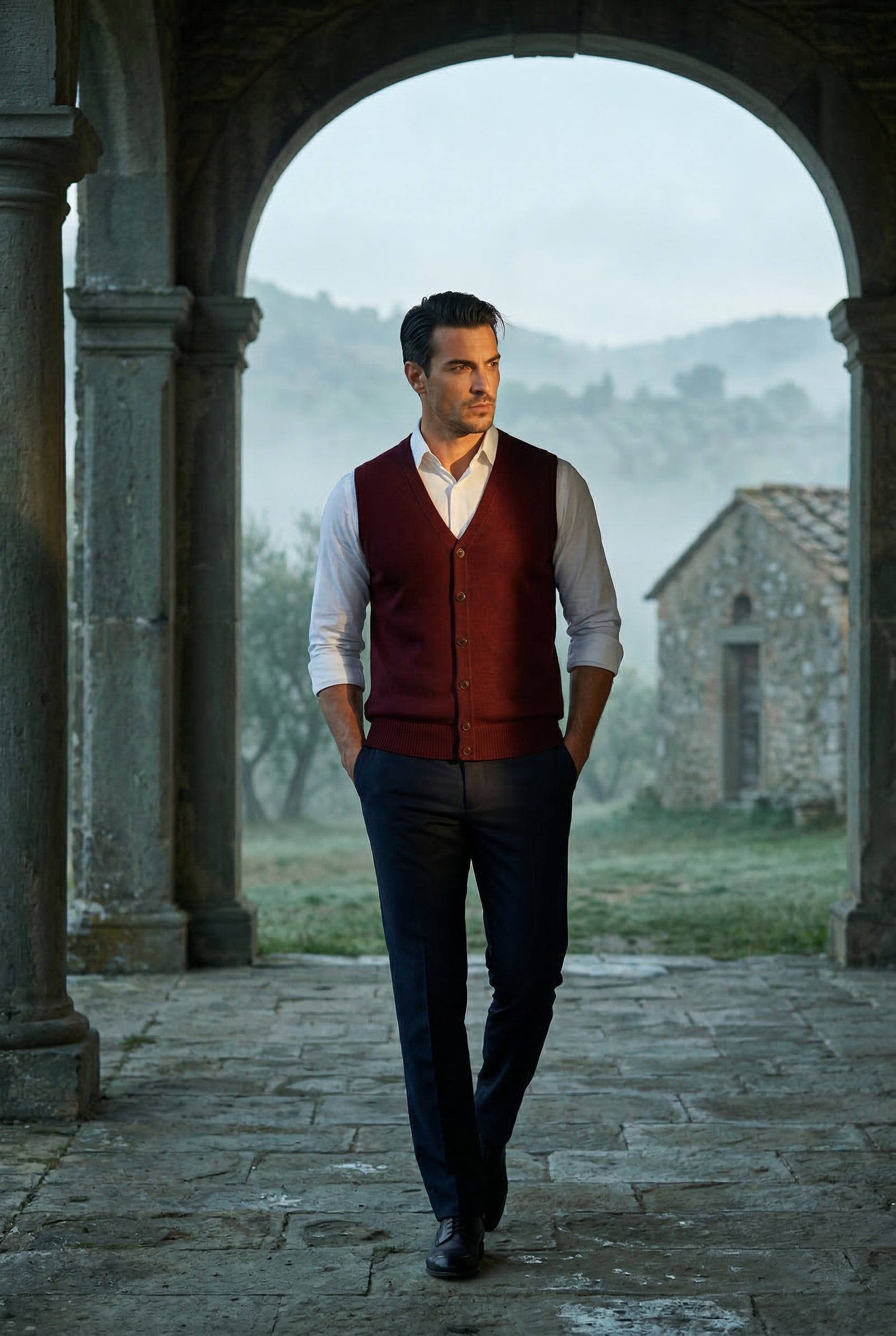 Burgundy Button-front V-neck Sleeveless Sweater Vest - Photo 8