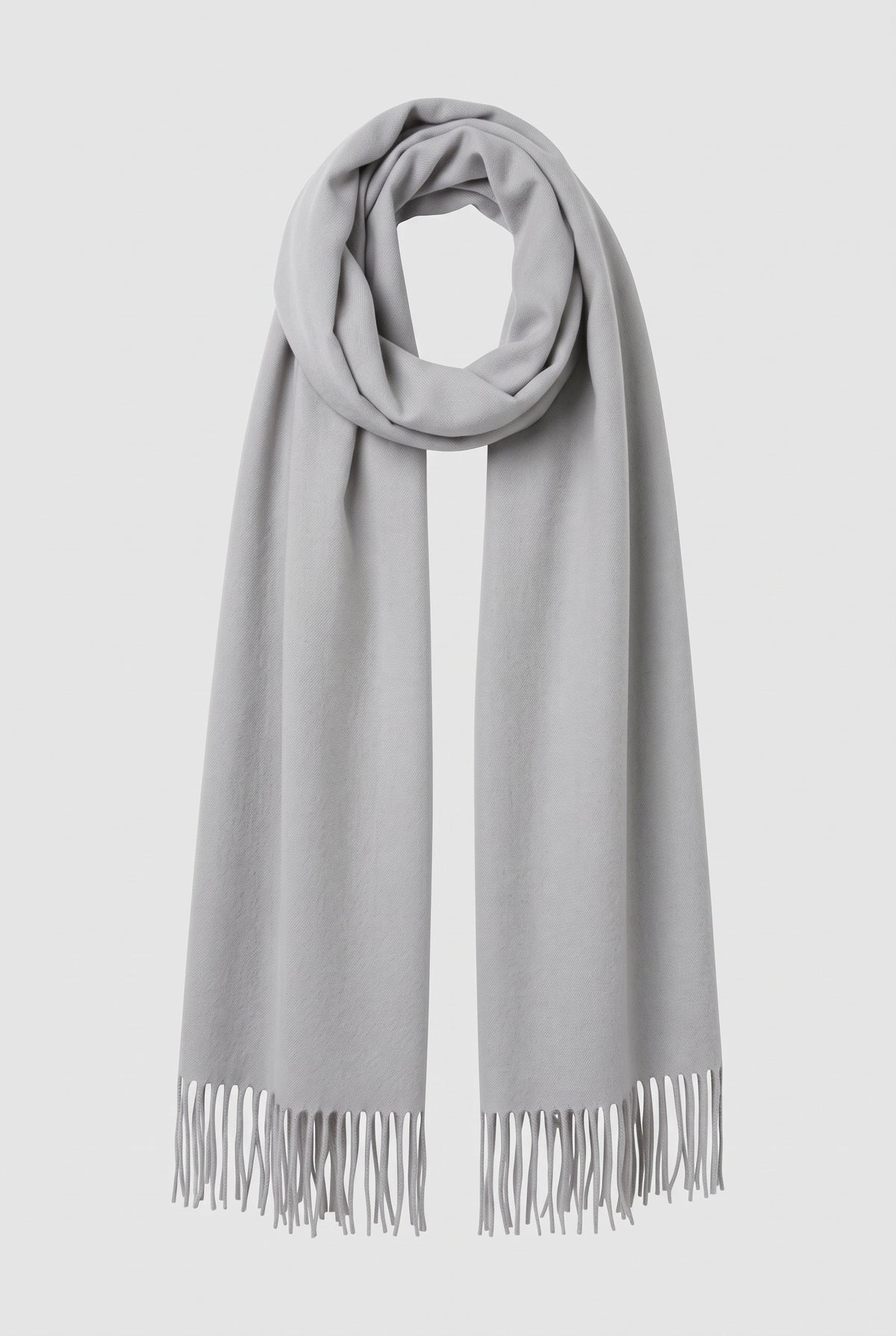 Cashmere Fringed Scarf in Light Gray — studio front