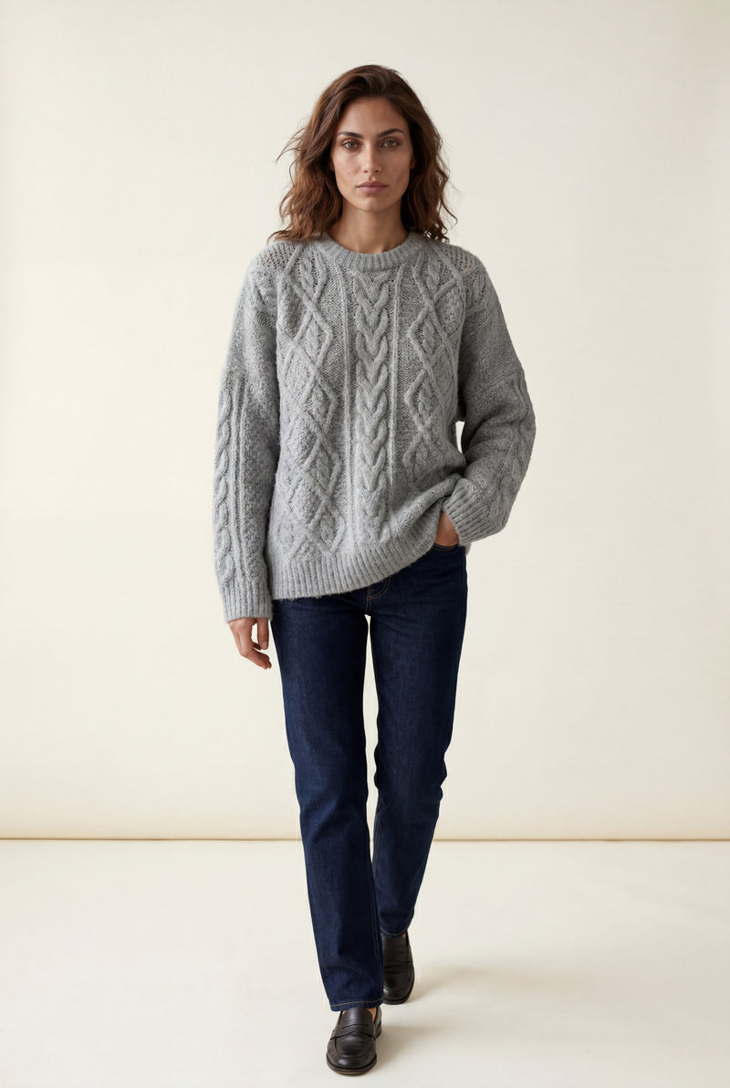 Light Gray Chunky Cable Relaxed Crewneck Sweater - Chunky knit sweater - Photo 1