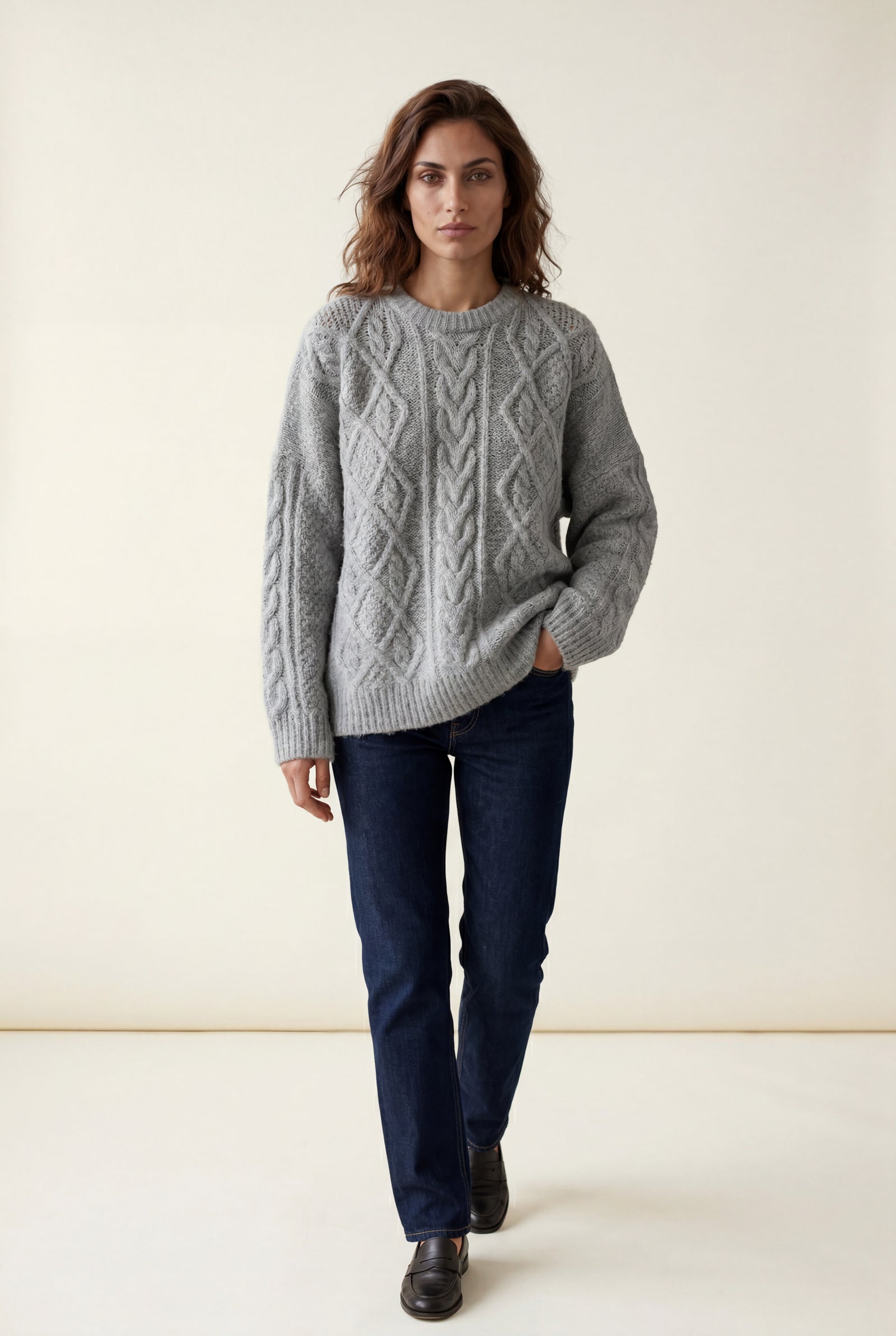 Light Gray Chunky Cable Relaxed Crewneck Sweater - Chunky knit sweater - Photo 1