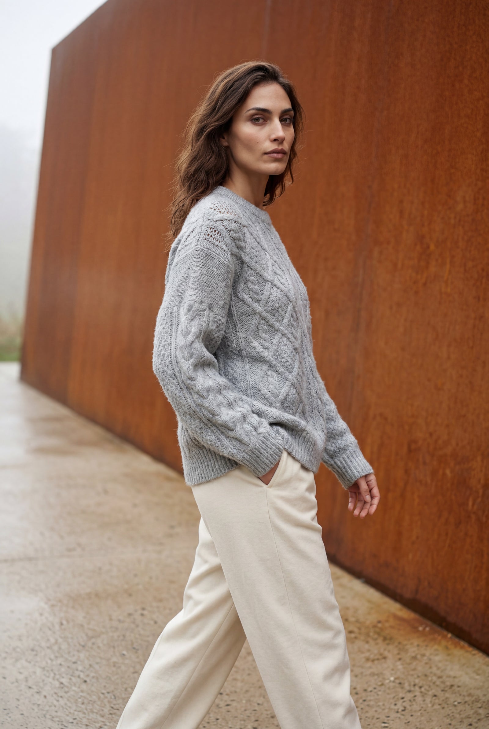Light Gray Chunky Cable Relaxed Crewneck Sweater - Chunky knit sweater - Photo 5