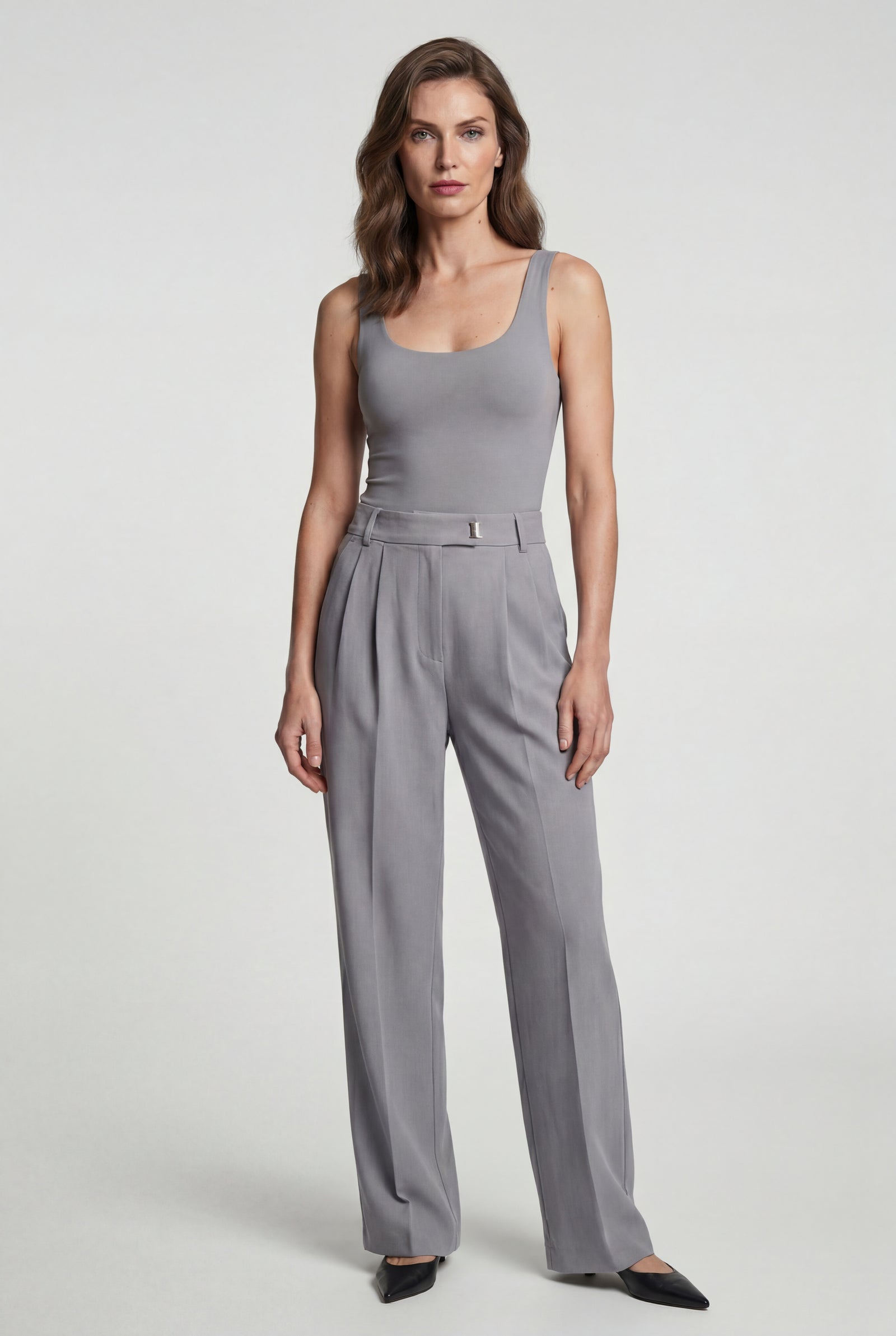 Light Gray High-waisted Pleated Tapered Trousers with Tailored Waistband - Photo 11