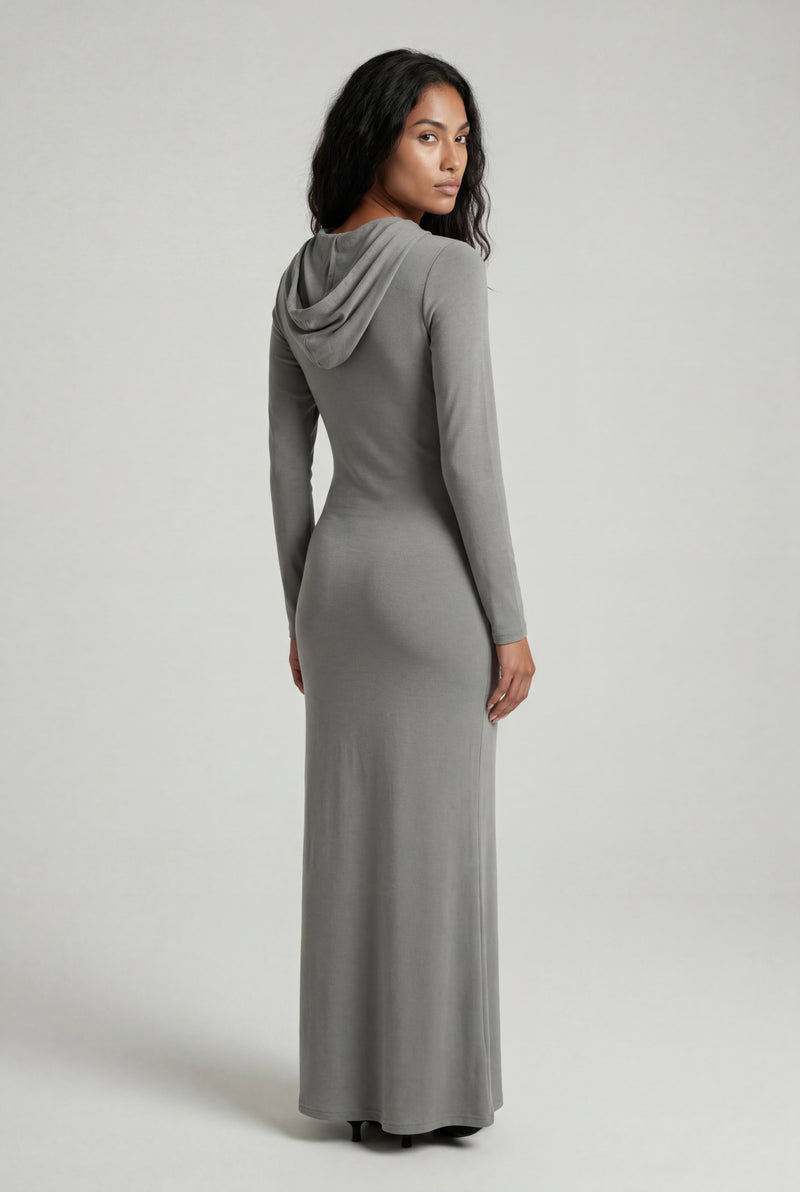 Light Gray Hooded Long Sleeve Bodycon Maxi Dress - Photo 4