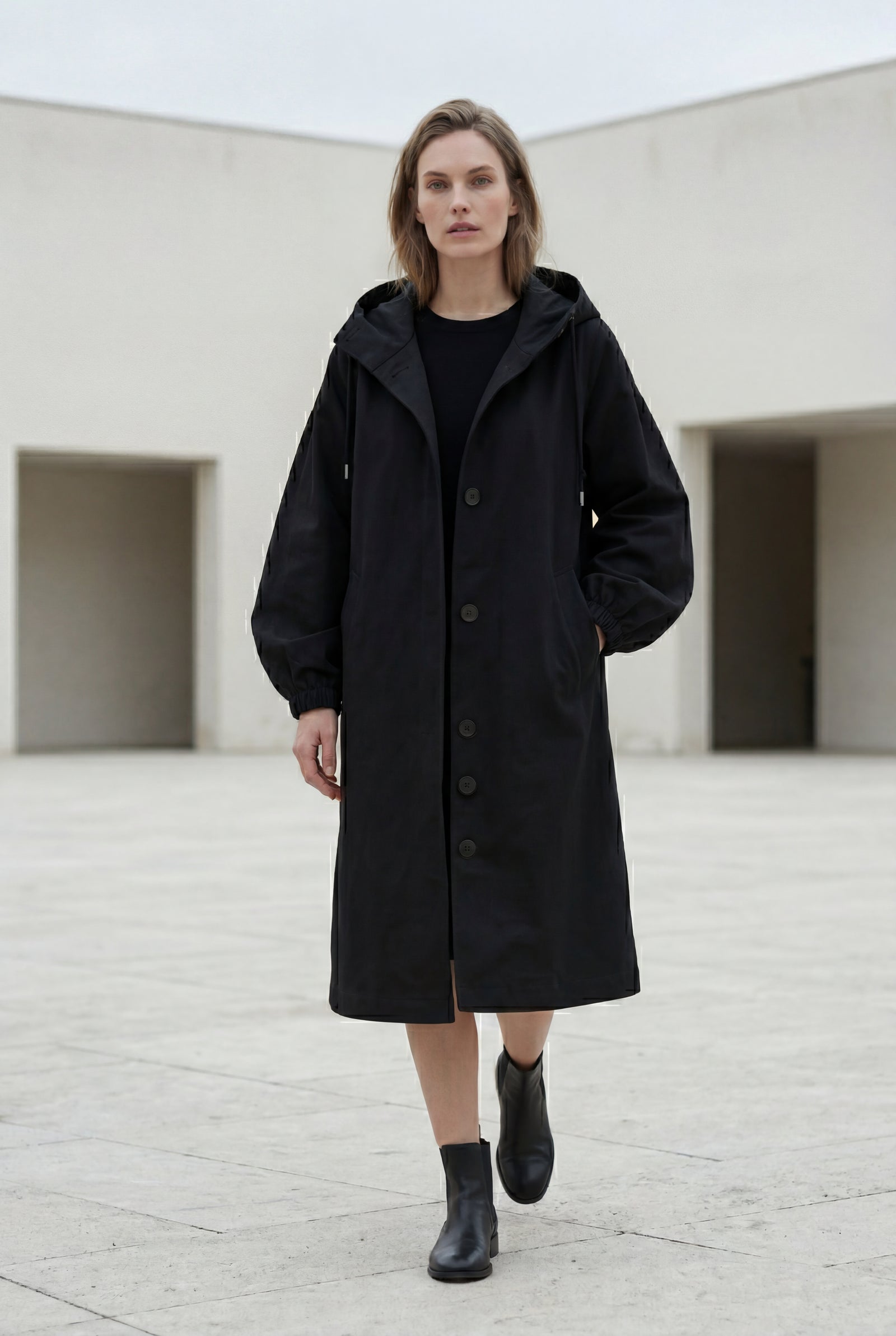 Black Hooded Snap Button Long Parka Coat with Adjustable Waist - Long coat - Photo 11