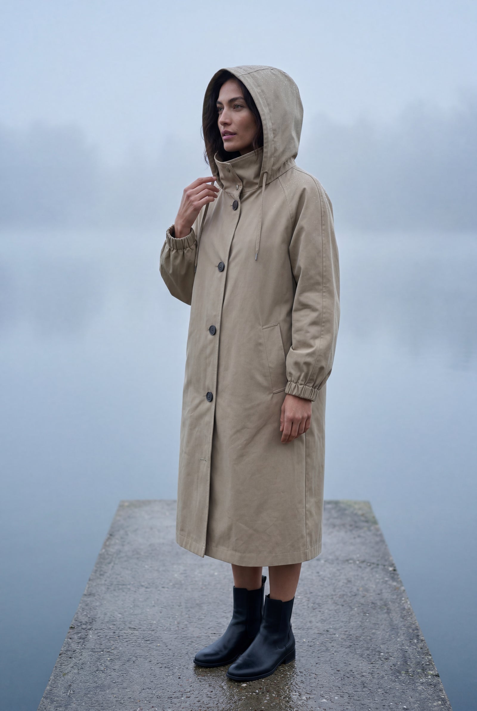 Beige Hooded Snap Button Long Parka Coat with Adjustable Waist - Long coat - Photo 14