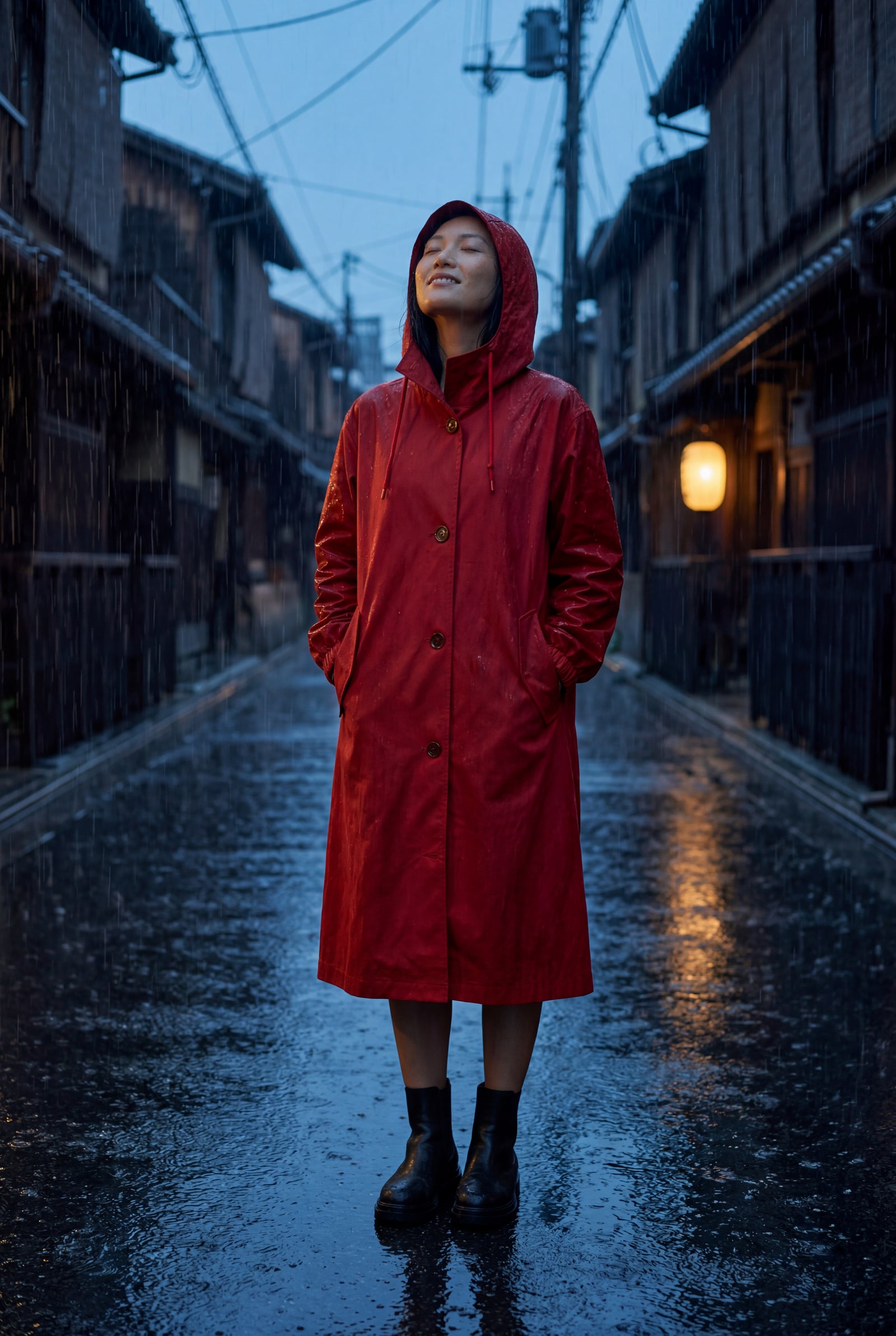 Red Hooded Snap Button Long Parka Coat with Adjustable Waist - Long coat - Photo 17