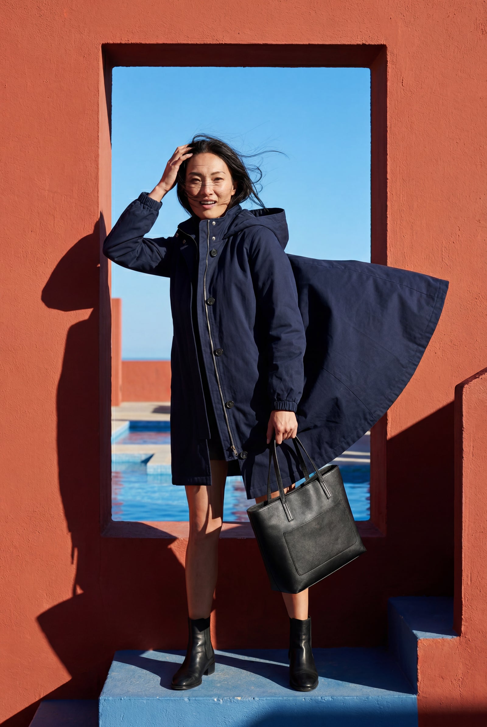 Navy Blue Hooded Snap Button Long Parka Coat with Adjustable Waist - Long coat - Photo 27