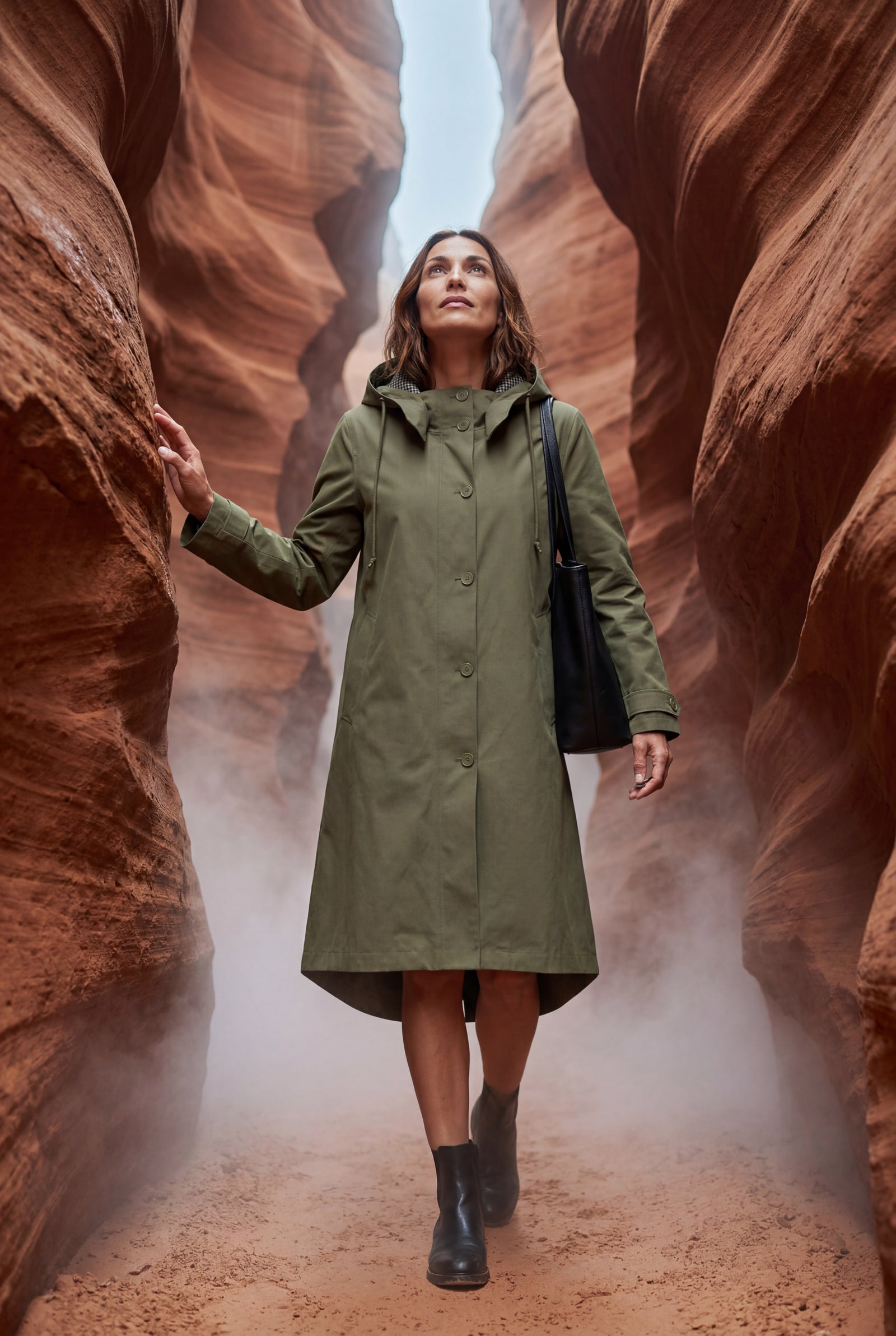 Army Green Hooded Snap Button Long Parka Coat with Adjustable Waist - Long coat - Photo 33