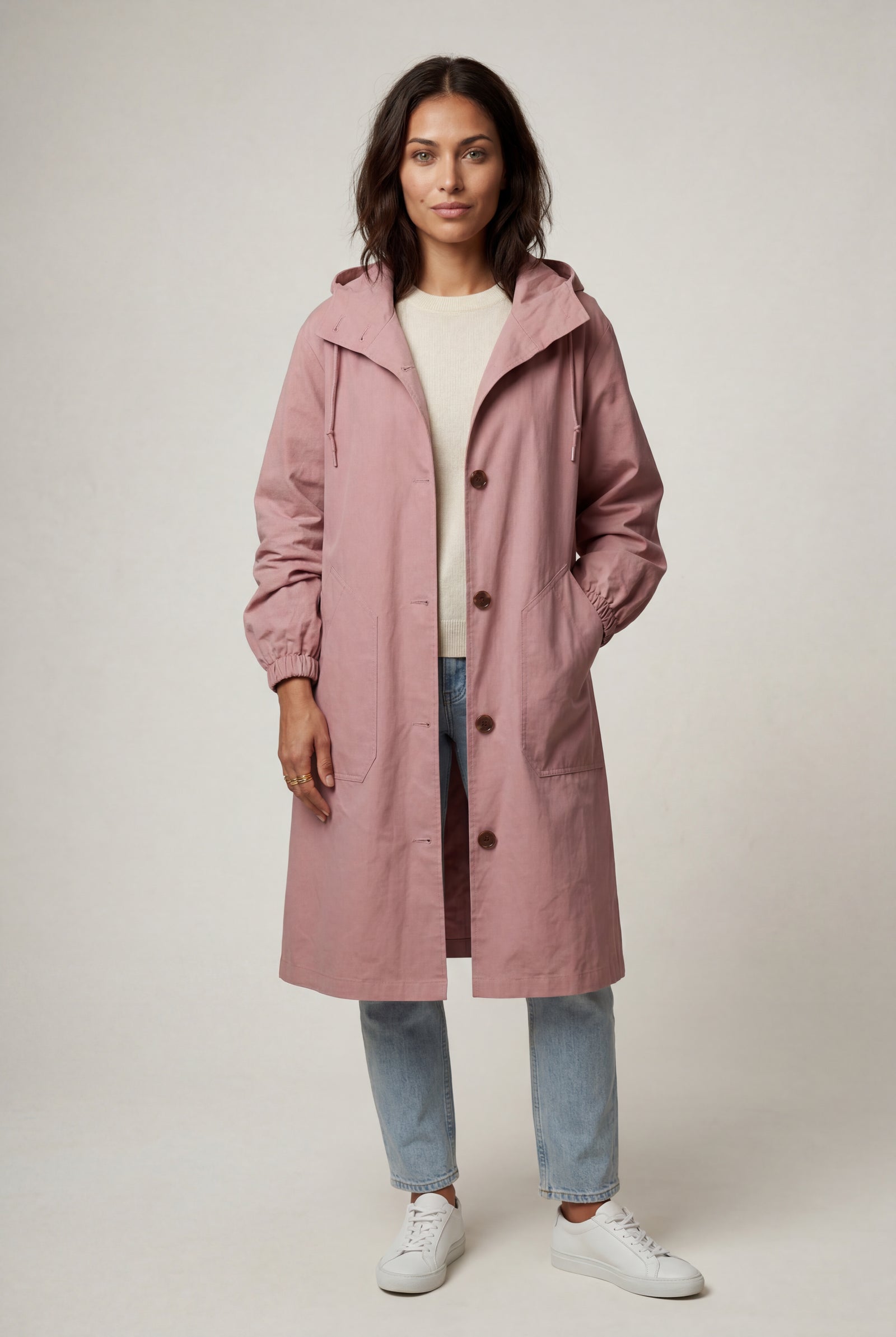 Pink Hooded Snap Button Long Parka Coat with Adjustable Waist - Long coat - Photo 36